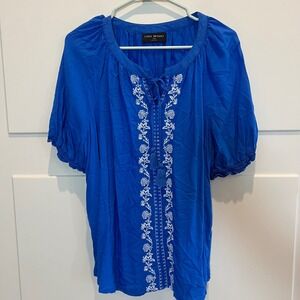 Lane Bryant Embroidered Peasant Top Women's Plus Size‎ 18/20 Blue Boho Blouse